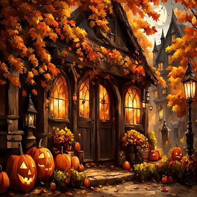 Fall Pumpkin House Leaf Diamond Painting Kits for Adults, 5D Diamond Art Kits for Adults Beginners, DIY Full Round Drill Diamond Dot Painting Gem Art Kits for Adult, Home Wall Decor 13.8x13.8 Inch