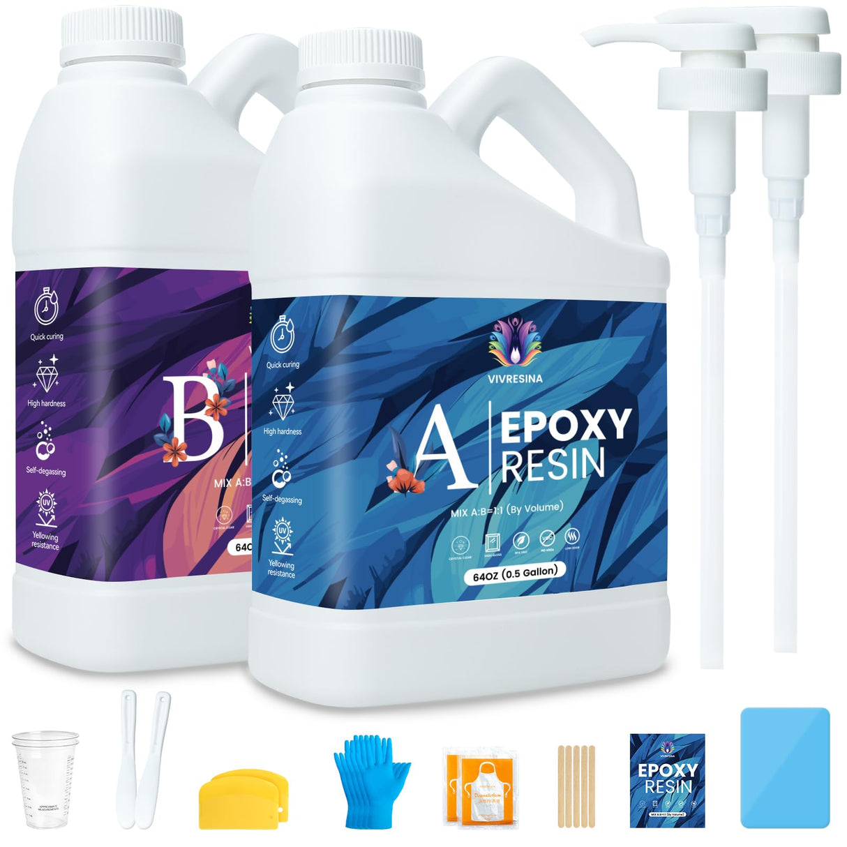 Epoxy Resin 1 Gallon Kit with Pump High Glossy Food Safe Crystal Clear Bubble Free No Yellowing Easy Mix 1:1 for Craft DIY Jewelry Art Casting Vivresina