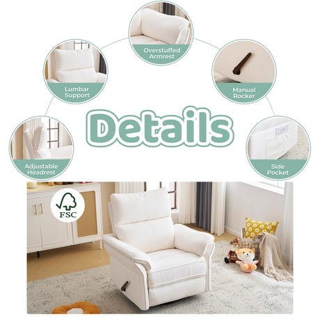 Oversized Rocking Chair Nursery with Adjustable Headrest, 26" Extra Wide Glider Recliner Nursery Chair for Nursery, 360° Swivel Rocker Recliner with Overstuffed Armrest, White RUTOX