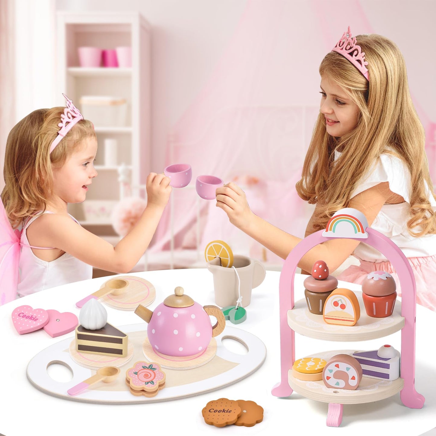 Atoylink Wooden Tea Party Set for Little Girls Toys Kids Play Kitchen Toddler Tea Set with Play Food & Cupcake Stand Pretend Play Wooden Toys for 2 3 4 5 6 Year Old Girl Christmas Birthday Gi - WoodArtSupply