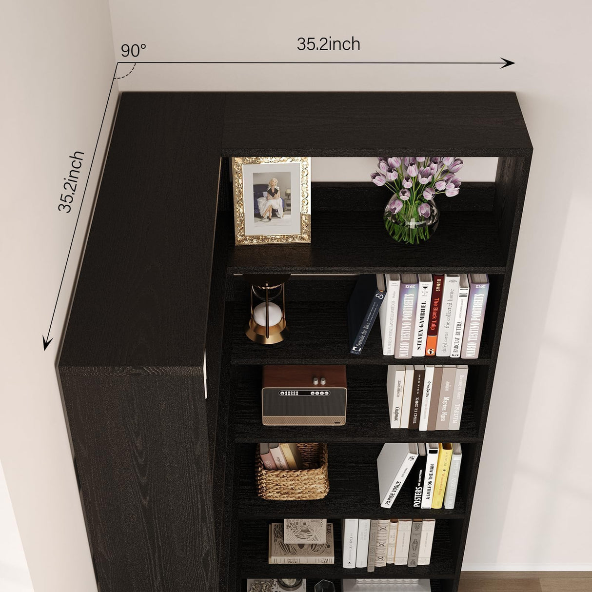 4 EVER WINNER Corner Book Shelf with LED Lights, 71” High Coner Bookshelf with Storage for Living Room, Study Room, Modern Storage Display Industrial L Shaped Bookshelf, Black 4 EVER WINNER