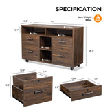 VINGLI Wide 4 Drawer File Cabinet with Lock, Wood Lateral File Cabinet with Open Shelves, Lockable Rolling File Cabinets for Home Office, Dark Brown File Cabinet Printer Stand, Letter Sized VINGLI