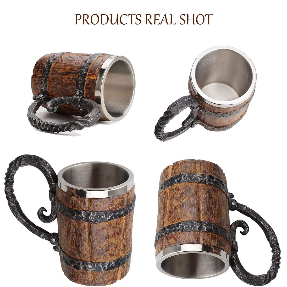 Kndatle Handmade Wooden Barrel Beer Mug, Bucket Shaped Drinkware with Handle, Stainless Steel Double Wall Cocktail Mug for Bar Restaurant, Vintage Bar Accessories (18 oz) VORAGA