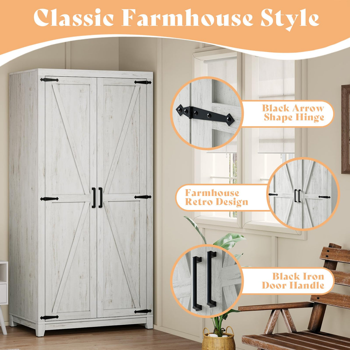 AMERLIFE Farmhouse Armoire Wardrobe Closet with 2 Barn Doors, 71'' Storage Cabinet with Hanging Rod & Shelf, Versatile Clothing Storage for Bedroom, Distressed White AMERLIFE
