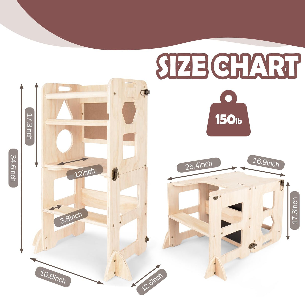 4-in-1 Toddler Kitchen Step Stool, Foldable Learning Standing Tower with Blackboard, Wooden Kitchen Stool Helper for Kids, 1-3 Year Old Boy Girl Gifts TINTECUSA