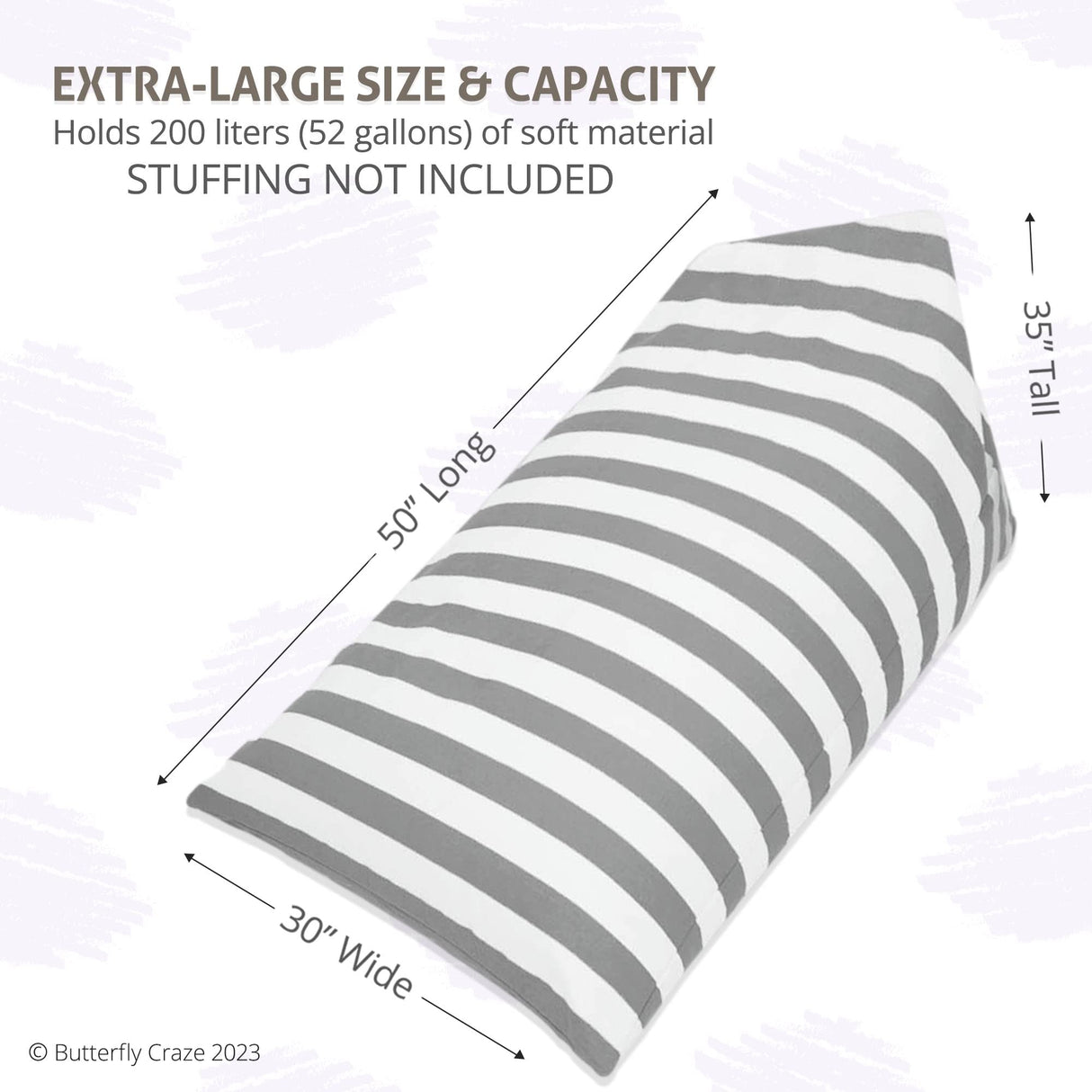 Butterfly Craze Bean Bag Chair Cover, Functional Toddler Toy Organizer, Fill with Stuffed Animals to Create a Jumbo, Comfy Floor Lounger for Boys or Girls, Stuffing Not Included, Grey Stripe Butterfly Craze