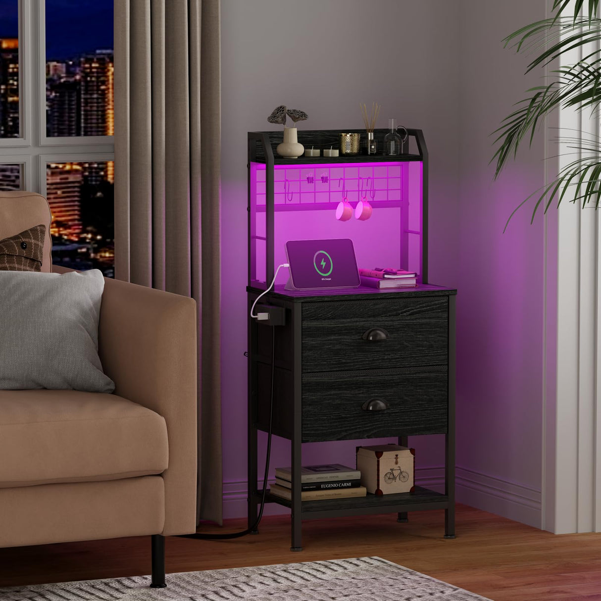 Furologee 41'' Tall Nightstand with Charging Station, Bedside Table with LED Lights, End Table with 2 Drawers and Storage Shelves, Night Stand with Pegboard for Bedroom, Living Room, Black Oak Furologee