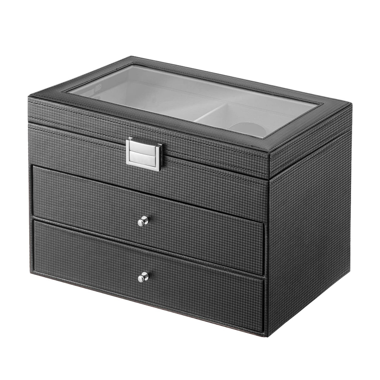 Oyydecor Sunglasses Organizer for Women Men, 3-layer 18 Slots Glasses Case Sunglass Eyeglasses Collector Eyewear Display Storage Box with Drawer Clear Glass Top, Carbon Fiber, Black Oyydecor