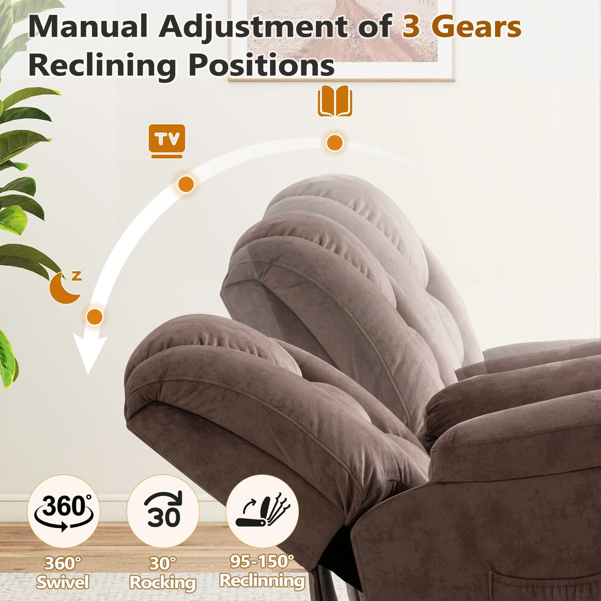ANJ Rocker Recliner Chair Oversized Manual 360° Swivel Recliners Comfy Glider Rocking Chairs for Big Man Extra Wide Overstuffed Reclining Chair for Living Room, Camel ANJ