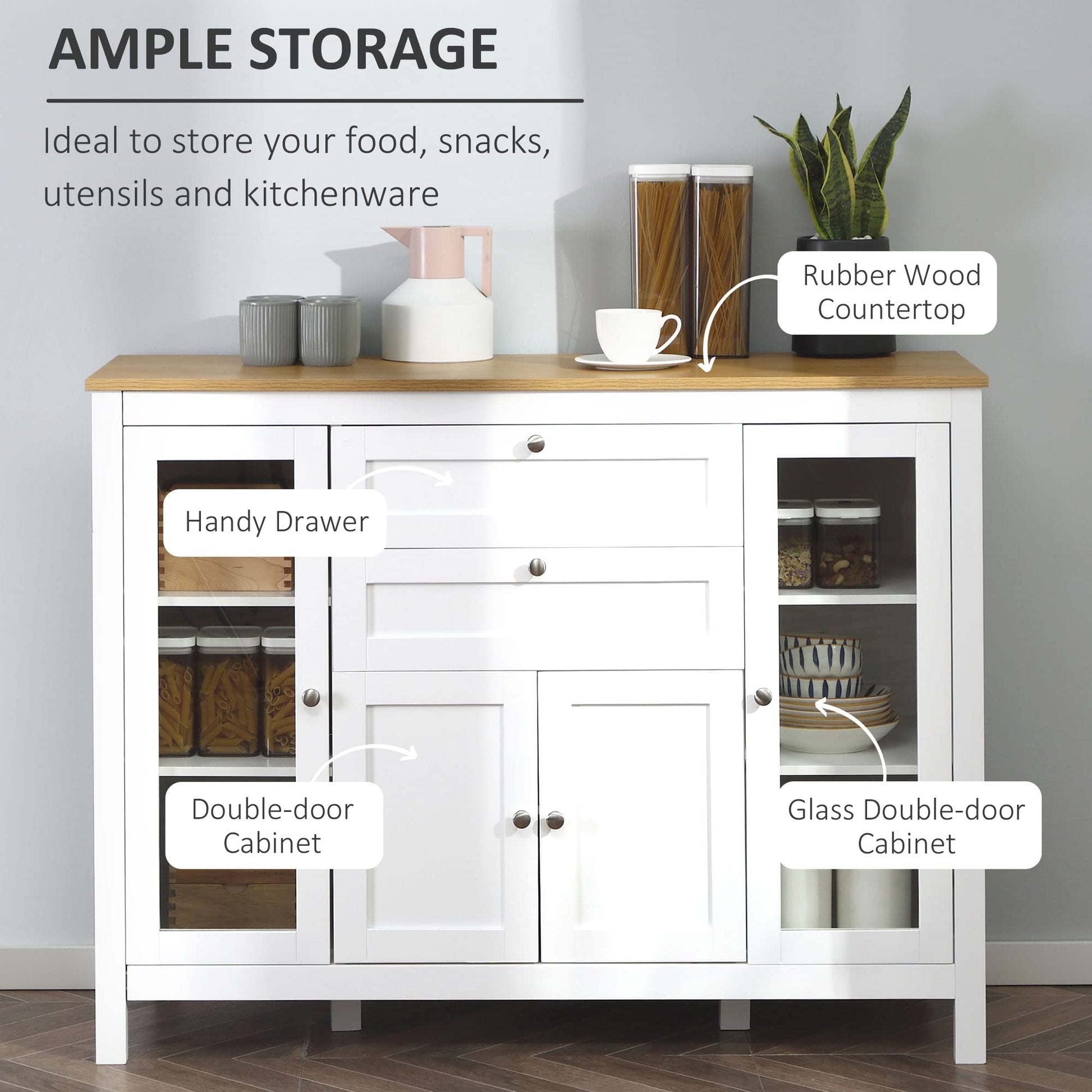 HOMCOM 47" Sideboard, Buffet Cabinet with Rubber Wood Top, Glass Door, Coffee Bar Cabinet, Kitchen Cabinet with Drawers, Adjustable Shelving for Living Room, White - WoodArtSupply