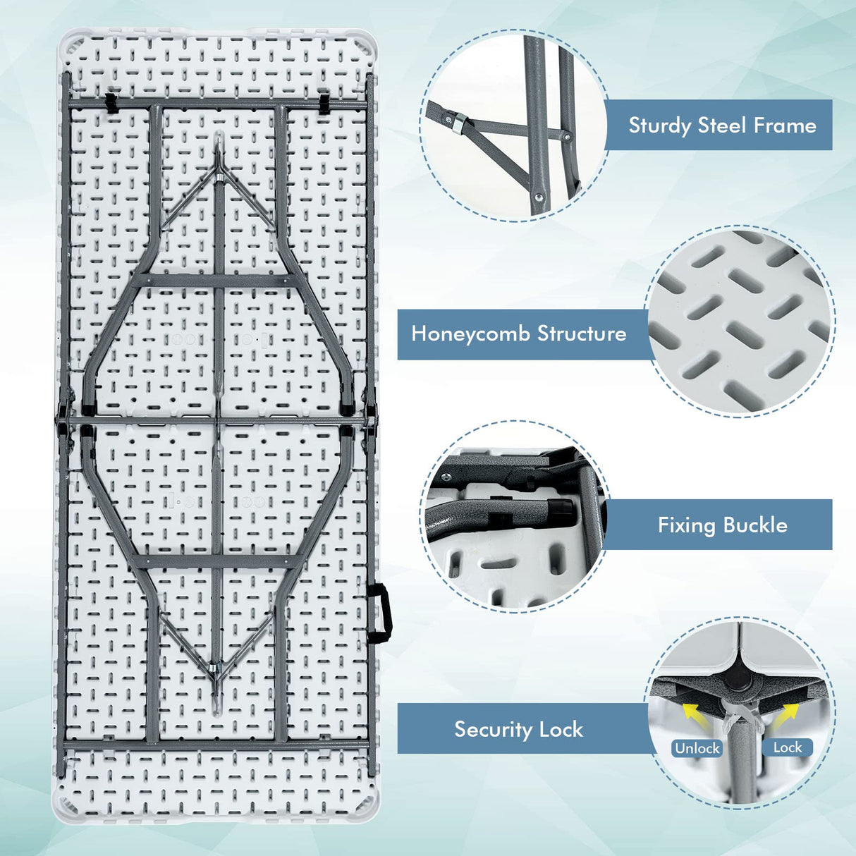 Nightcore, White 6', Indoor Outdoor Utility Portable Picnic Party Dining Camp Rounded Corners & Handle, Plastic HDPE Folding Table GLACER