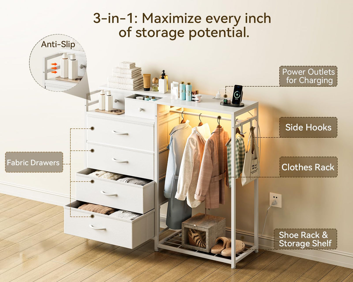 KKL 43" W White Dresser for Bedroom with Hanging Rack, Reversible 6 Drawers Dresser with Led Lights & Charging Station, Fabric Closet Dressers & Chest of Drawers with Clothes Rack for Girls, Kids KKL