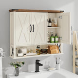 Halitaa Bathroom Wall Cabinet, Farmhouse Medicine Cabinet with Adjustable Wood Shelf & 3 Doors, Over The Toilet Storage Cabinet for Wall Mounted for Bathroom Laundry Room Kitchen, White and Brown Halitaa
