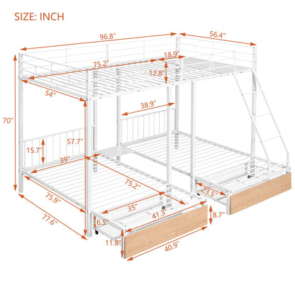 Harper & Bright Designs Metal Triple Bunk Bed with Drawers and Guardrails, Full Over Twin & Twin Bunk Bed for 3, Space-Saving, Noise Free, No Box Spring Needed - White