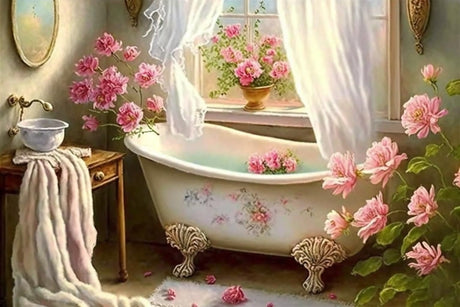 RMSGOZO Pink Floral Bathtub Diamond Painting - Vintage Diamond Art Kits, Exquisite Full Circle Gemstone Fine Rhinestone Art Kit for Beginners, for Room Decor & Bathroom Decor (12 X 16 Inch) RMSGOZO