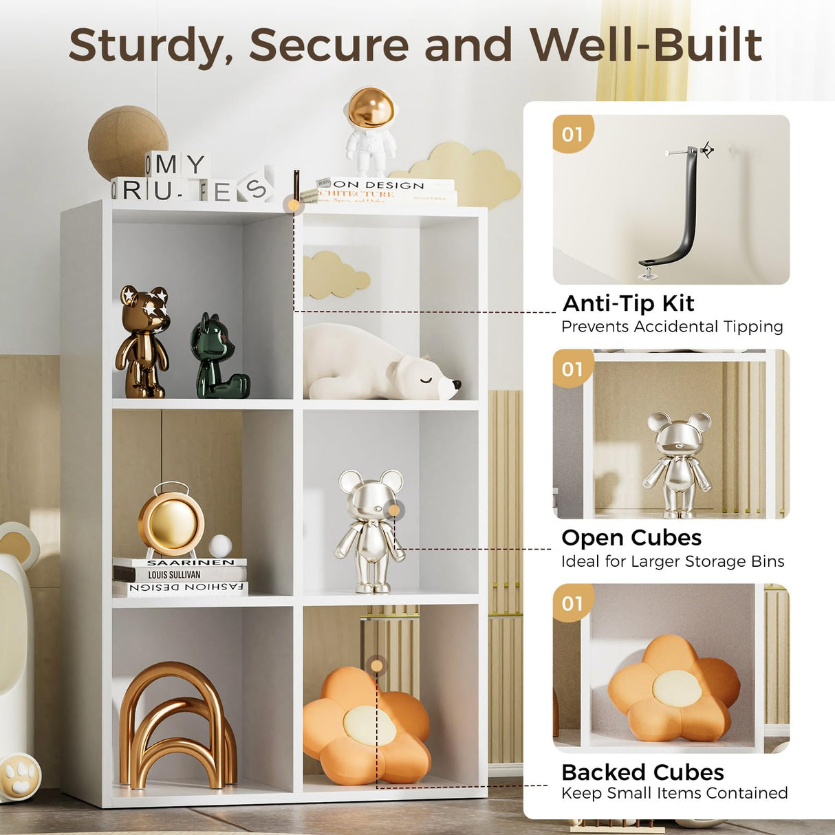 COMHOMA 6 Wood Cube Storage Organizer with Open Back and Removable Back Panels, 11In White Cube Storage Bookshelf, Cubicle Shelf Bookcase for Home Office Bedroom Living Room, Vertical or Horizontal COMHOMA