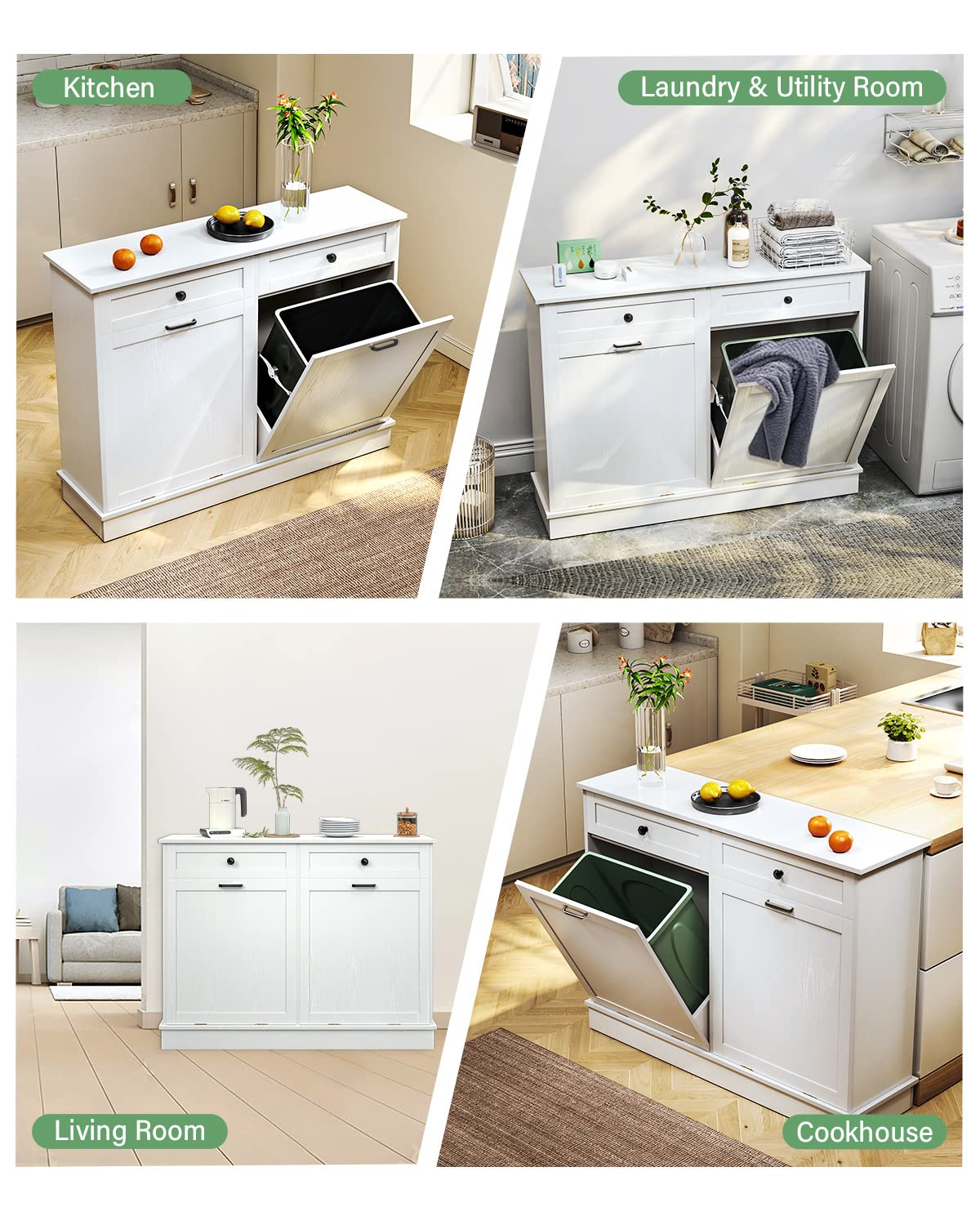 TC-HOMENY Double Tilt Out Trash Cabinet with Drawer, 20 Gallon Trash Cabinet Manual and Auto Mode Shutdown, Recycling Free Standing Trash Cabinet Fit for Kitchen, Living Room TC-HOMENY