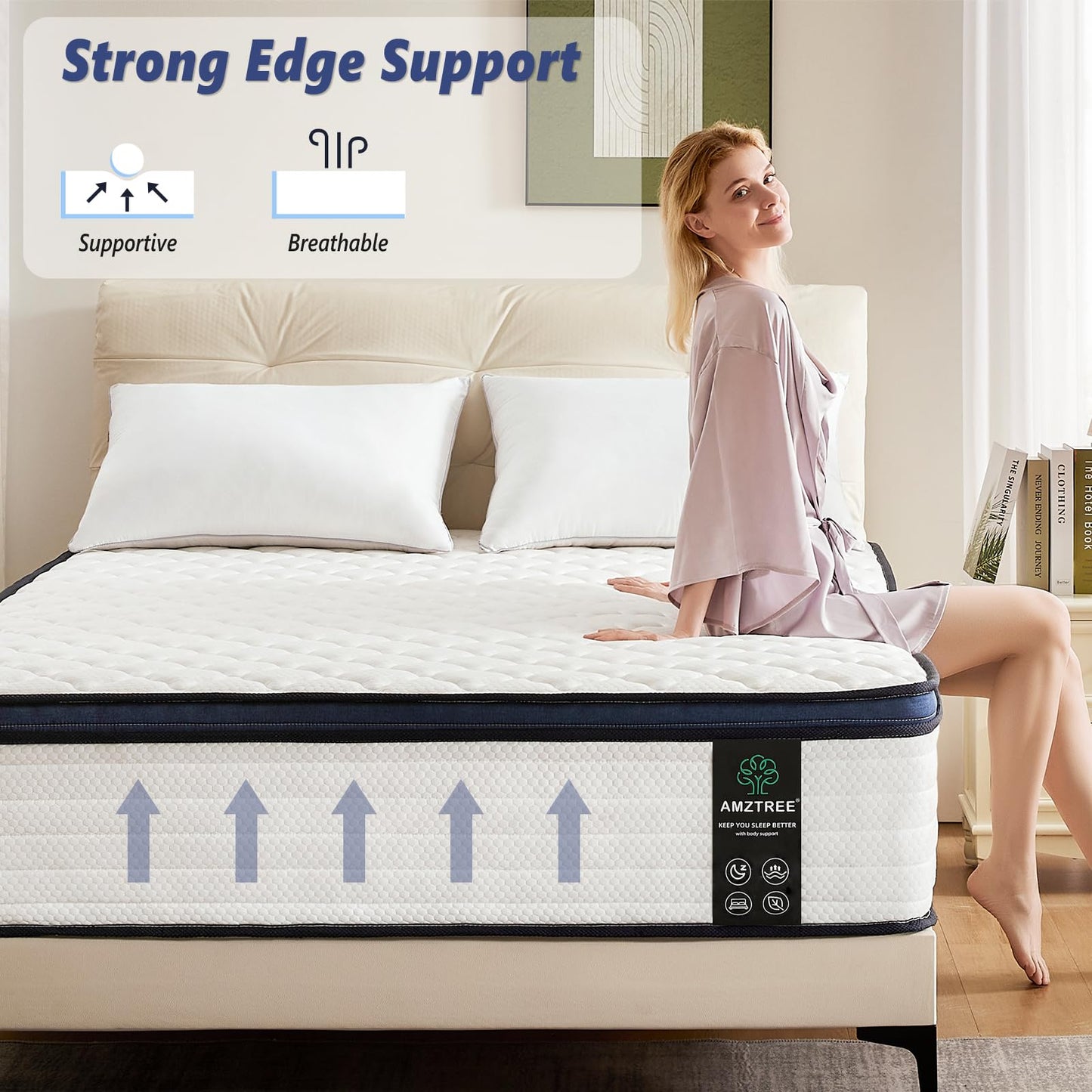 Amztree Queen Mattress 14 Inch Queen Size Mattresses - Memory Foam & Pocket Coils Springs, Pressure Relief, Medium Firm Comfort, Motion Isolation, Ideal for All Sleep Positions, CertiPUR-US Certified