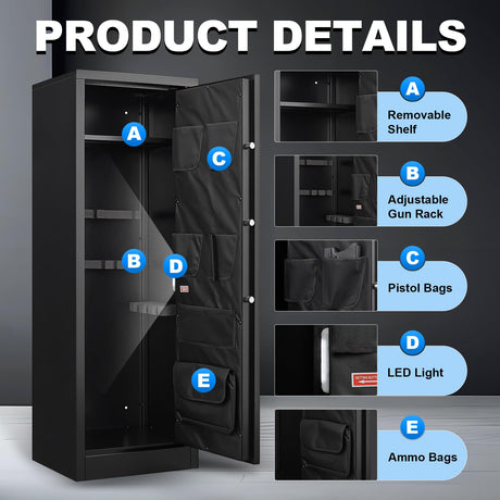 Marcree Gun Safe, Large Electronic 8-12 Gun Cabinet for Rifles and Shotguns, Digital Rifle Safe with Dual Alarm System, Guns Locker with Removable Shelf, Mute Function, Handgun Bag, Assemble Required Marcree