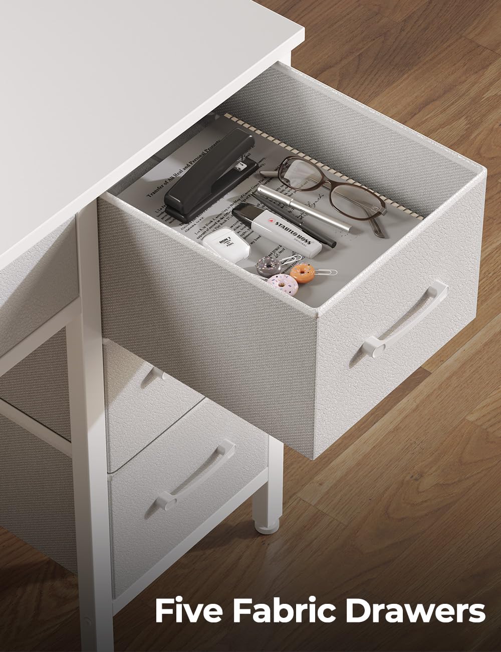 Seventable Computer Desk with Power Outlets & LED Light, 47 inch Home Office Desk with 5 Drawers, Writing Desk with Monitor Stand, Work Desk for Home Office, White Seventable