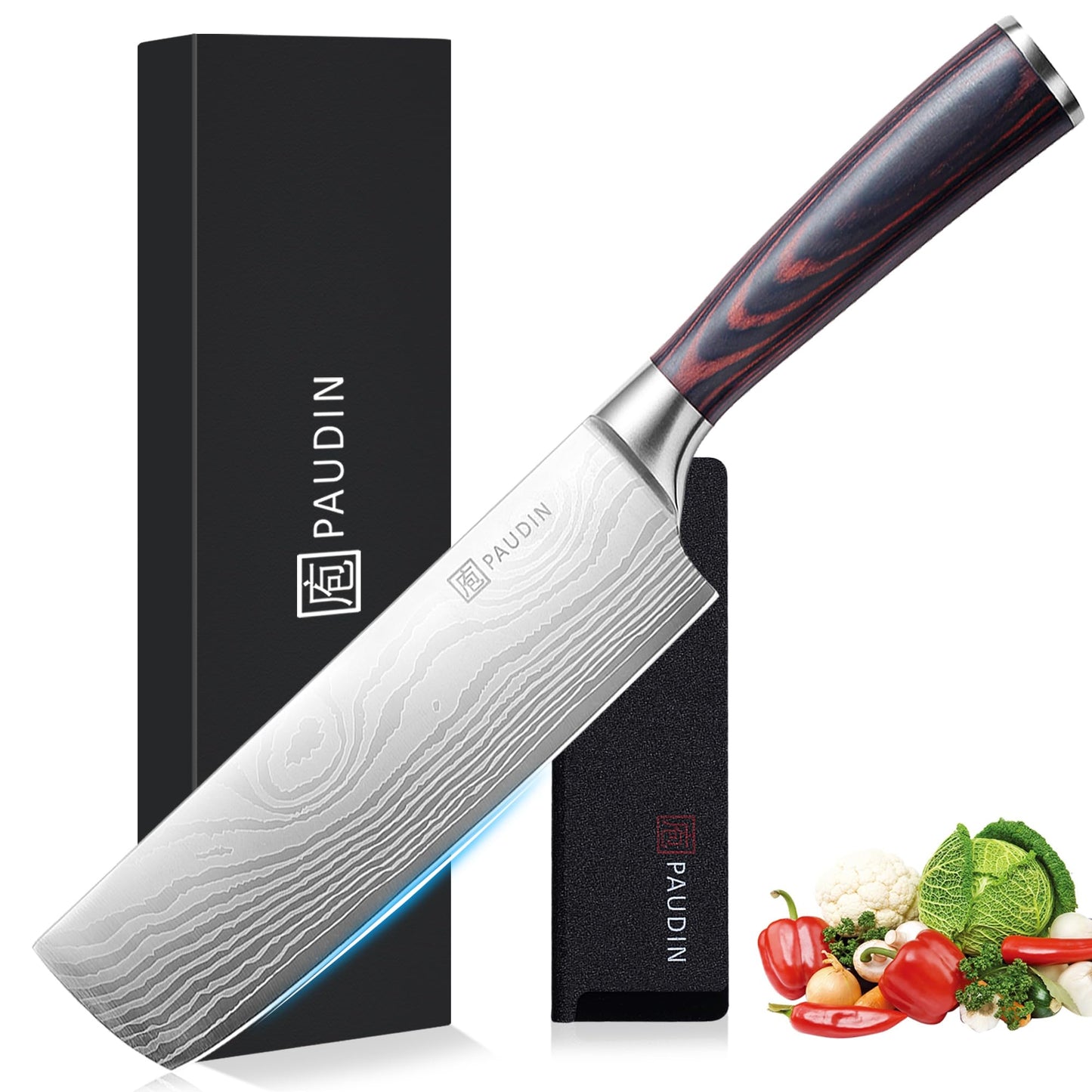 PAUDIN Nakiri Knife - 7" Razor Sharp Meat Cleaver and Vegetable Kitchen Knife, High Carbon Stainless Steel, Multipurpose Asian Chef Knife for Home and Kitchen with Ergonomic Handle