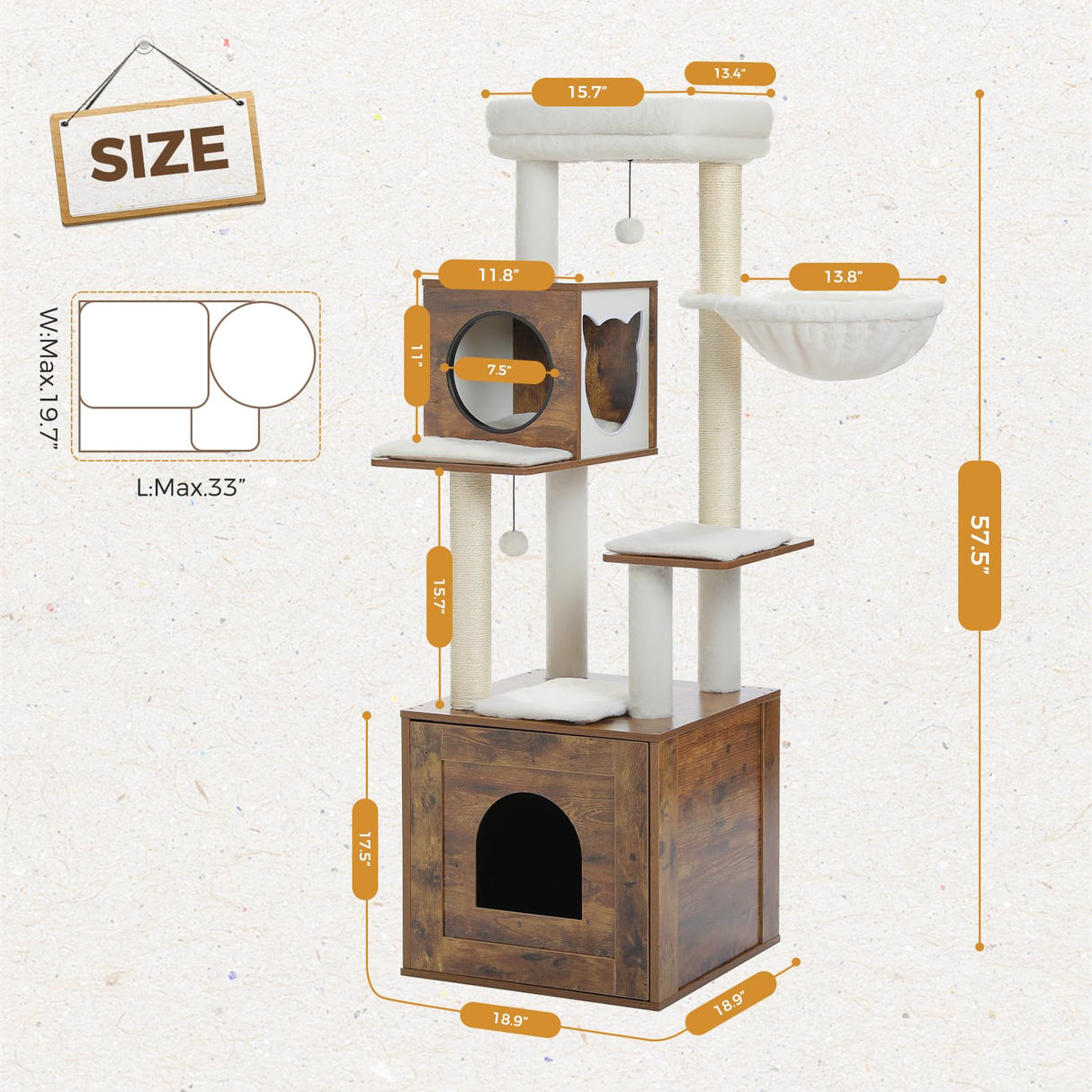 MIOMUM Tall Cat Tree with Litter Box Enclosure 57.5" Wooden Cat Tower for Large Cats with Cat Hammock House Bed (Wood Walnut) MIOMUM