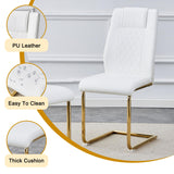 JEARGE Glass Dining Table Set for 6, Modern Kitchen Table Set for 6, 71" Tempered Glass Tabletop with U-Shaped Gold Base, 7 Ppiece Large Dining Room Table Set with White PU Leather Chairs JEARGE