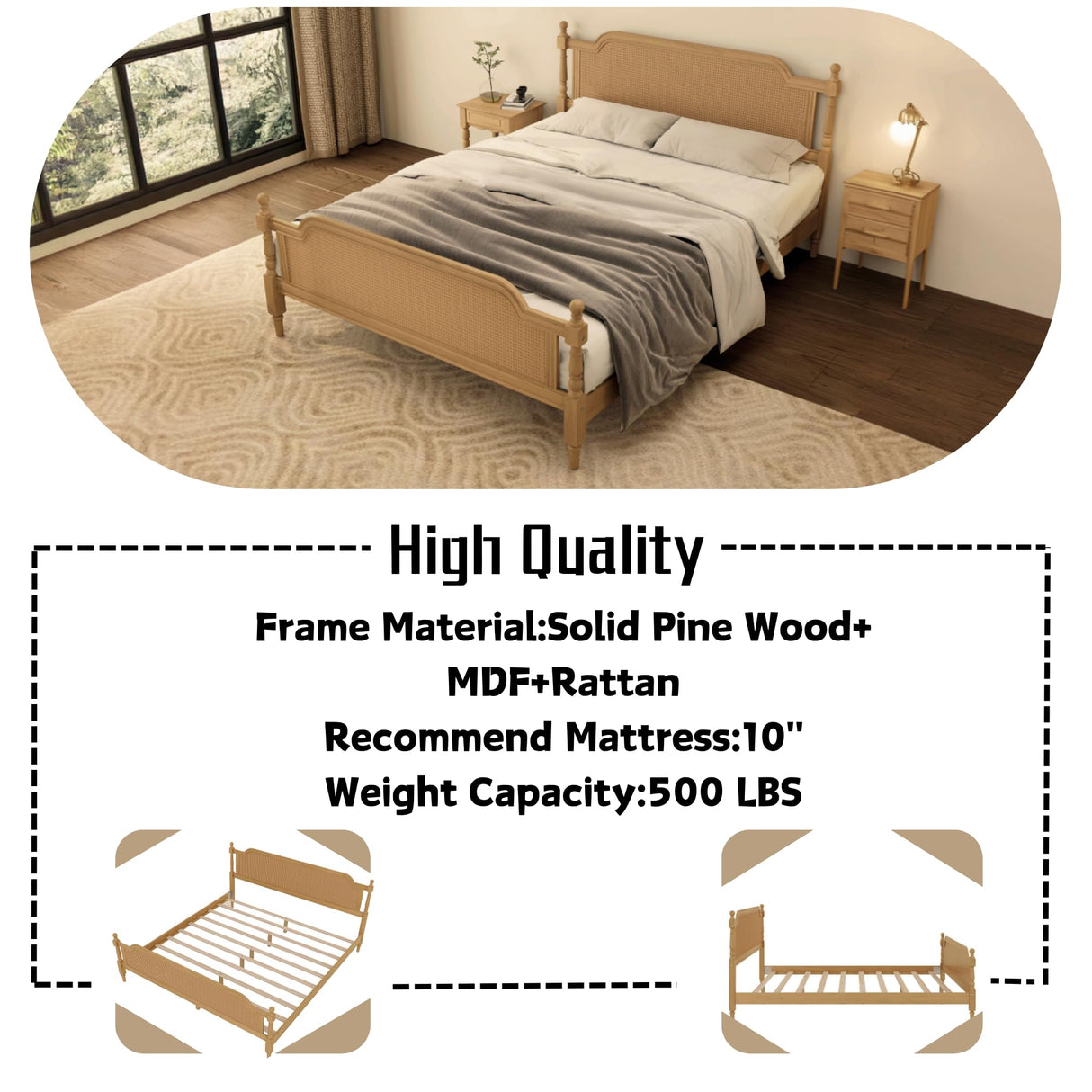 SOFTSEA Framhouse King Size Platform Bed with Rattan Headboard and Footboard, Traditional Bed Frame with Storage for Teens Adults, Antique Walnut SOFTSEA