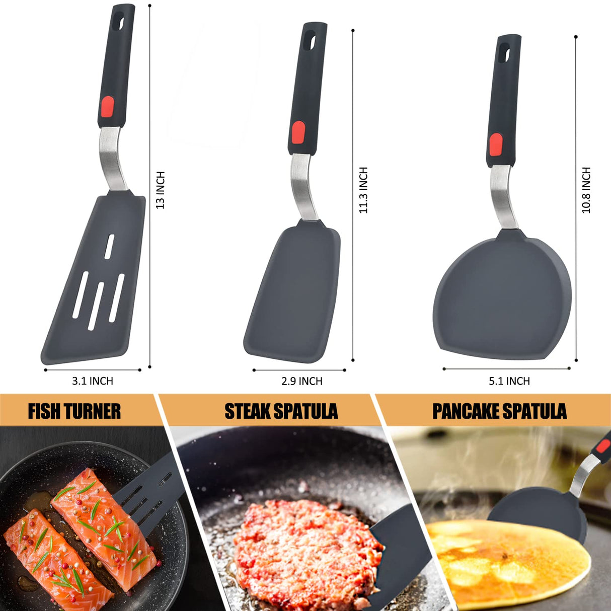 Silicone Spatula Turner Set of 3, Beijiyi 600°F Heat Resistant Cooking Spatulas for Nonstick Cookware, Large Flexible Kitchen Utensils BPA Free Rubber Spatula Set for Egg, Pancake, Fish, Burger Beijiyi