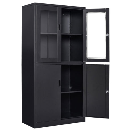 SISESOL Display Cabinet with Glass Doors and Lock,Black Metal Storage Cabinet,Freestanding Locking Kitchen Pantry Cabinets with Doors and Shelves for Home Office,Pantry,Kitchen Bathroom SISESOL