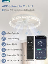 LEDIARY Flush Mount Ceiling Fan with Lights and Remote, 19.7'' Low Profile, 3000-6000K Dimmable Fandelier, 6 Wind Speeds, White Modern LED Fan Light for Bedroom LEDIARY