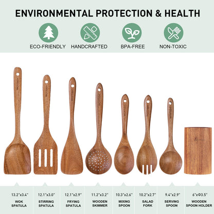 Wooden Spoons for Cooking - 8-Piece Wooden Kitchen Utensil Set made of Natural Solid Wood Material - Includes Spoons, Spatulas, Ladles, Strainer Spoon, Salad Fork, Mixing Spoon and Utensil Holder