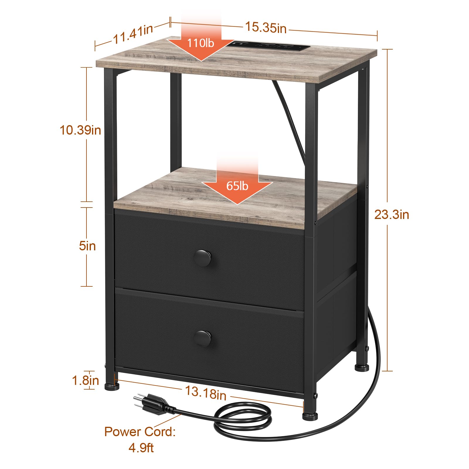 LOAKEKEL Night Stand Set 2, LED Nightstand with Charging Station, End Tables with Storage Shelf for Small Spaces, Bedside Table Side Tables with 2 Fabric Drawers for Bedroom, Greige, HETS02GY - WoodArtSupply