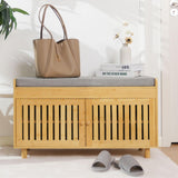 Shoe Storage Bench, Bamboo Entryway Bench with 2 Doors & Padded Seat Cushion, 2 Tier Shoe Rack, 35.4" W x 12.6" D x 19.7" H, Shoe Cabinet Organizer for Entryway, Living Room, Bedroom, Hallway, Nature oakvivo