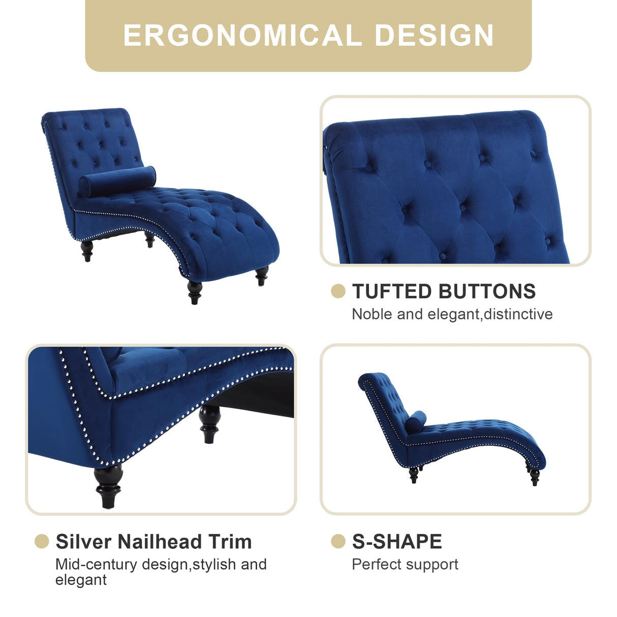 binzida Velvet Chaise Lounge Indoor,Button-Tufted Upholstered Chaise Lounge Chair with Pillow for Bedroom Living Room Office Modern Backrest Leisure Recliner Sleep Sofa (Blue) binzida