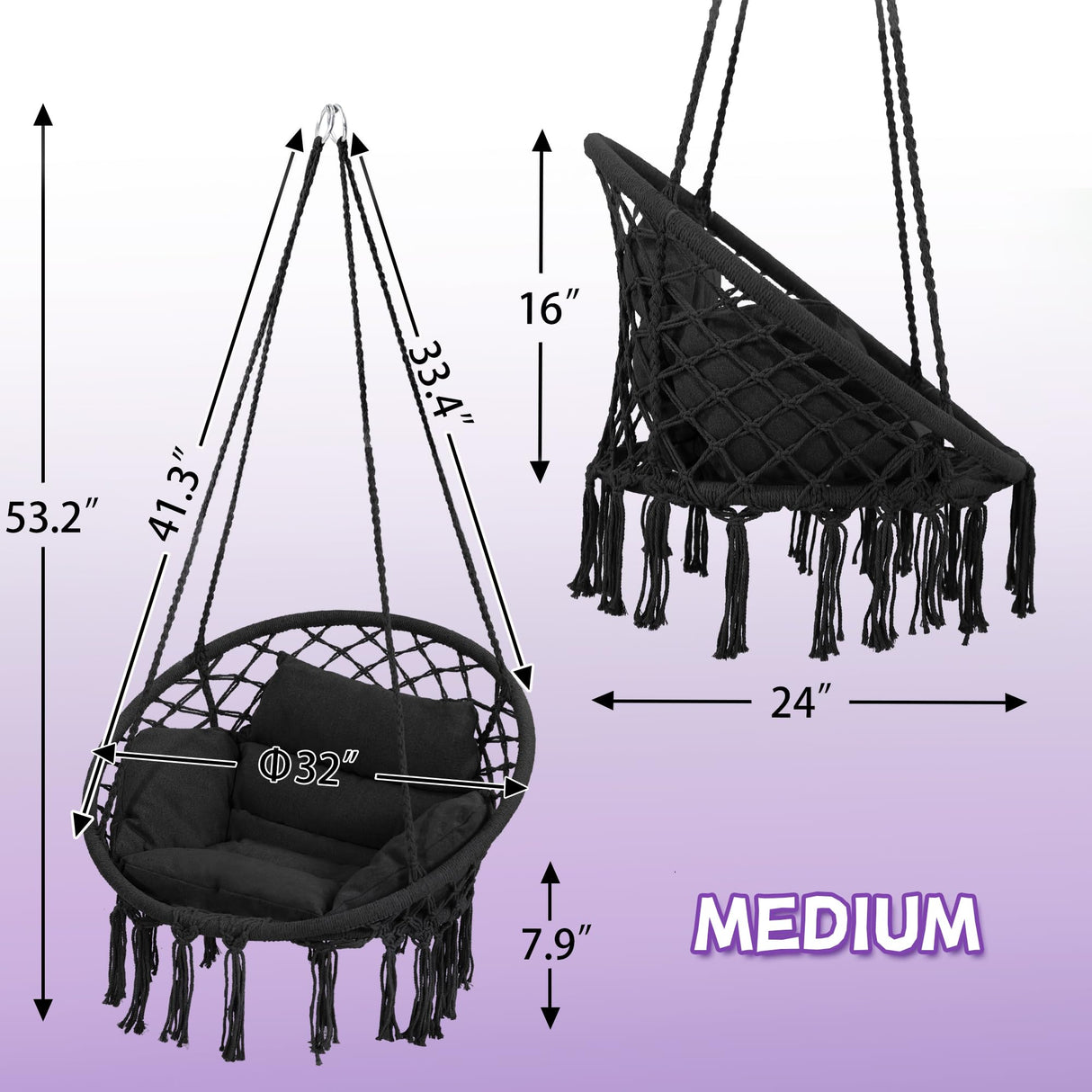 KROFEM Macrame Hammock Hanging Swinging Chair with Medium Cushion, Perfect for Bedroom, Porch, Adults, Balcony, Black KROFEM