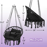 KROFEM Macrame Hammock Hanging Swinging Chair with Medium Cushion, Perfect for Bedroom, Porch, Adults, Balcony, Black KROFEM