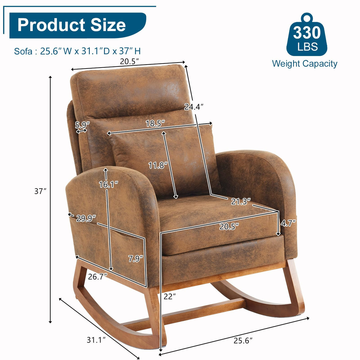 VINGLI Rustic Microfiber Nursery Rocking Chair with Thick Headrest, Upholstered Mid-century Modern Nursing Rocker Glider with Curved Armrest, Sturdy Solid Wood Base for Living Room, Bedroom, Baby Room VINGLI