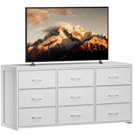 OURPIC Dresser for Bedroom with 9 Drawers, 55 Inch White Dresser TV Stand for 55, 60, 65 Inch TV, Wood Top and Side, Fabric Drawers, Storage, Dressers for Closet, Living Room, Hallway, Entryway OURPIC