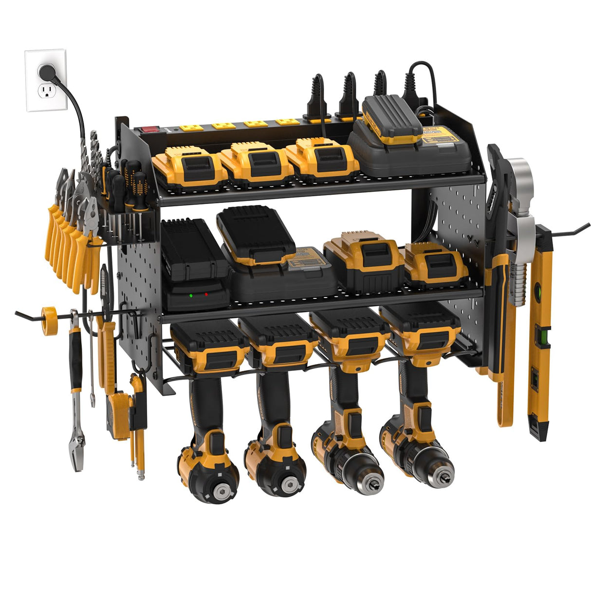CRST Power Tool Organizer Wall Mount with Charging Station Cordless Drill Holder with 8-Outlet Heavy Duty Power Strip, Modular Garage Organization Storage Rack Shelf,Gift for Men Black CRST
