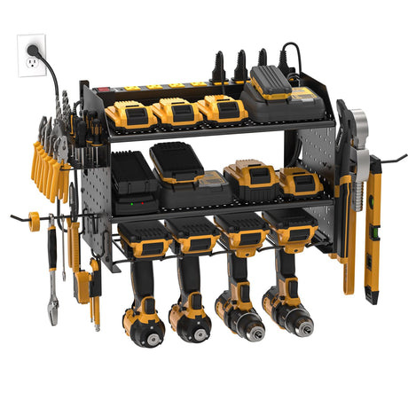 CRST Power Tool Organizer Wall Mount with Charging Station Cordless Drill Holder with 8-Outlet Heavy Duty Power Strip, Modular Garage Organization Storage Rack Shelf,Gift for Men Black CRST