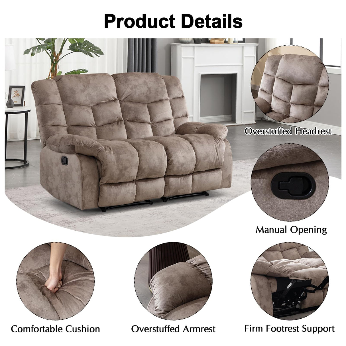 CANMOV Manual Loveseat Recliner, 2 Seat Recliner Sofa Chair with Armrest and Overstuffed Backrest, Couch Set for Living Room, Bedroom, Office, Light Brown CANMOV