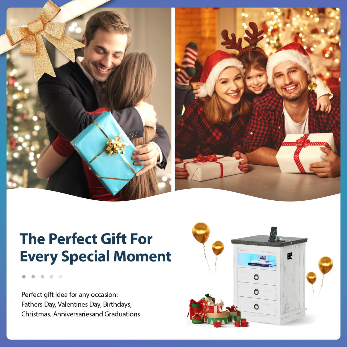 Lvifur Farmhouse Nightstand with Gun Drawer, Human Sensor LED Bedside Table with LED Lights & Charging Station, Rustic Wood Sofa Side End Table with 3 Drawers for Bedroom (Antique White) Lvifur