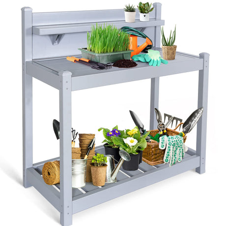 EAGLE PEAK Outdoor Indoor Maintenance Free Vinyl Garden Potting Bench, Waterproof Potting Table with Open Shelf, Lower Storage, 40inx21.6inx43.9in, Gray EAGLE PEAK