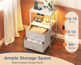 Casaottima White Night Stand with Charging Station and LED Lights, End Table for Bedroom with 2 Fabric Drawers, Small Nightstand with Storage Shelf, Bed Side Table, Bedside Table Casaottima