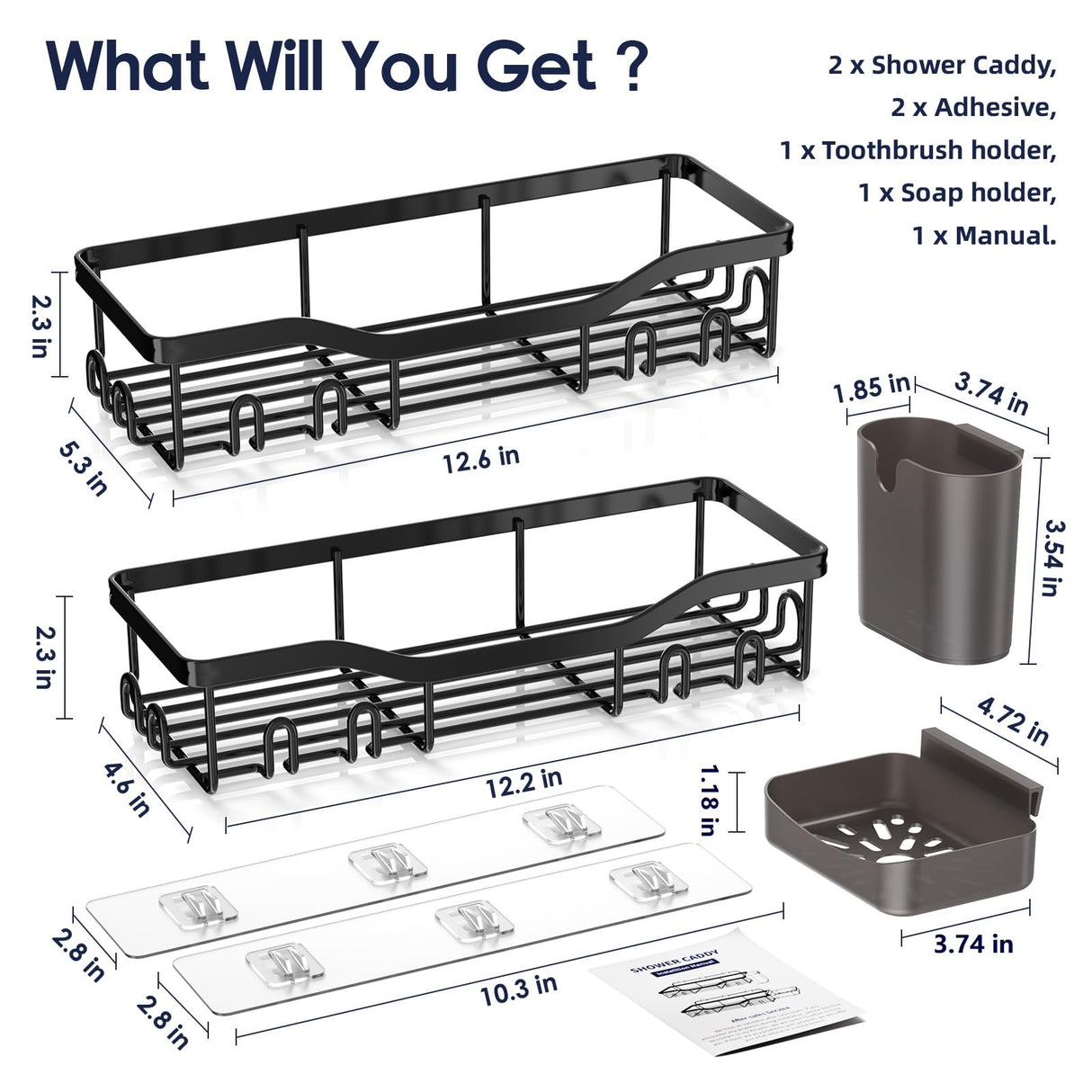 NESOMI Shower Caddy Adhesive Shower Organizer Rustproof Stainless Steel Bathroom Shelves, Large Capacity No-Drill Rack Storage Accessories with Soap Dish Toothbrush Holder & 16 Hooks Home Decor Black NESOMI