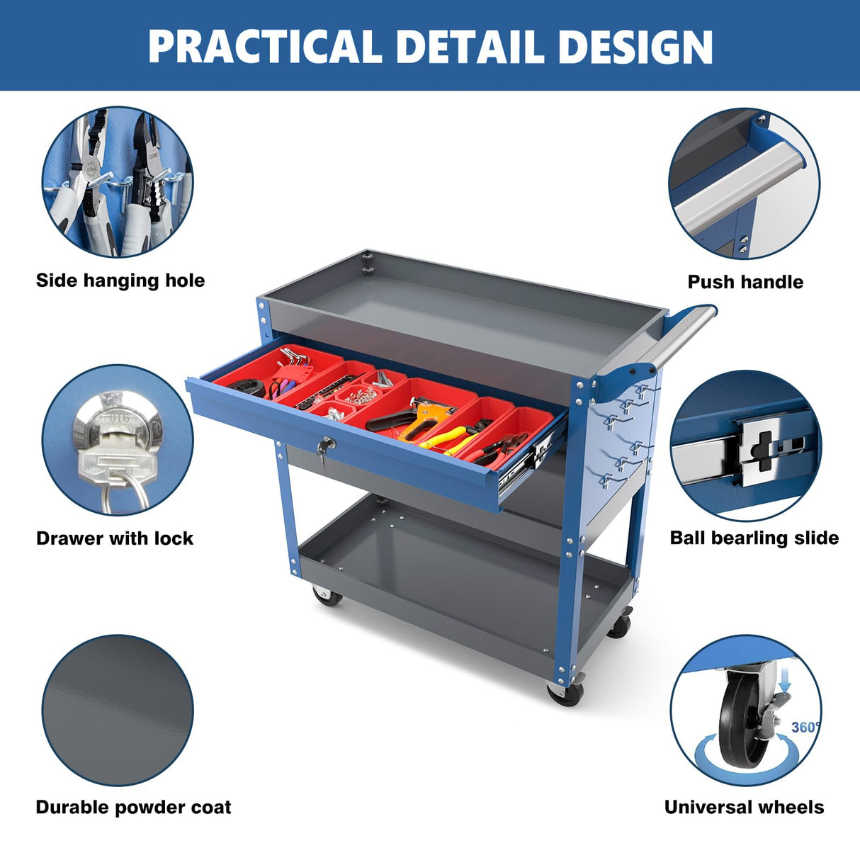 AIRAJ Tool Cart, 3 Tier Rolling Tool Cart with Drawers, Heavy Duty Tool Cart on Wheels for Mechanics,Home Workshop Garage,with Pegboard Hooks, Non-Slip Pearl Wool, 440 lb Load Capacity AIRAJ