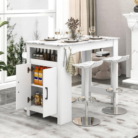 Giantex Bar Table, 47” Counter Height Dining Table with 7 Hanging Hooks, Compartment, Cabinet & Adjustable Shelf, High Top Table, Faux Marble Pub Table for Kitchen Breakfast Nook Small Space, White Giantex