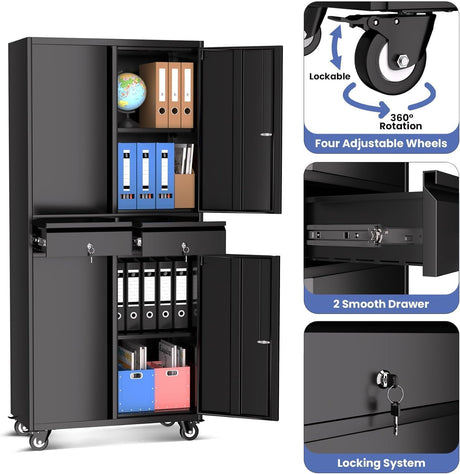 KOKEBREN 73'' Metal Storage Cabinet, Heavy Duty Storage with Wheels, Locking Doors and 2 Drawers, Adjustable Shelves for Garage, Workshop, Office, Black KOKEBREN