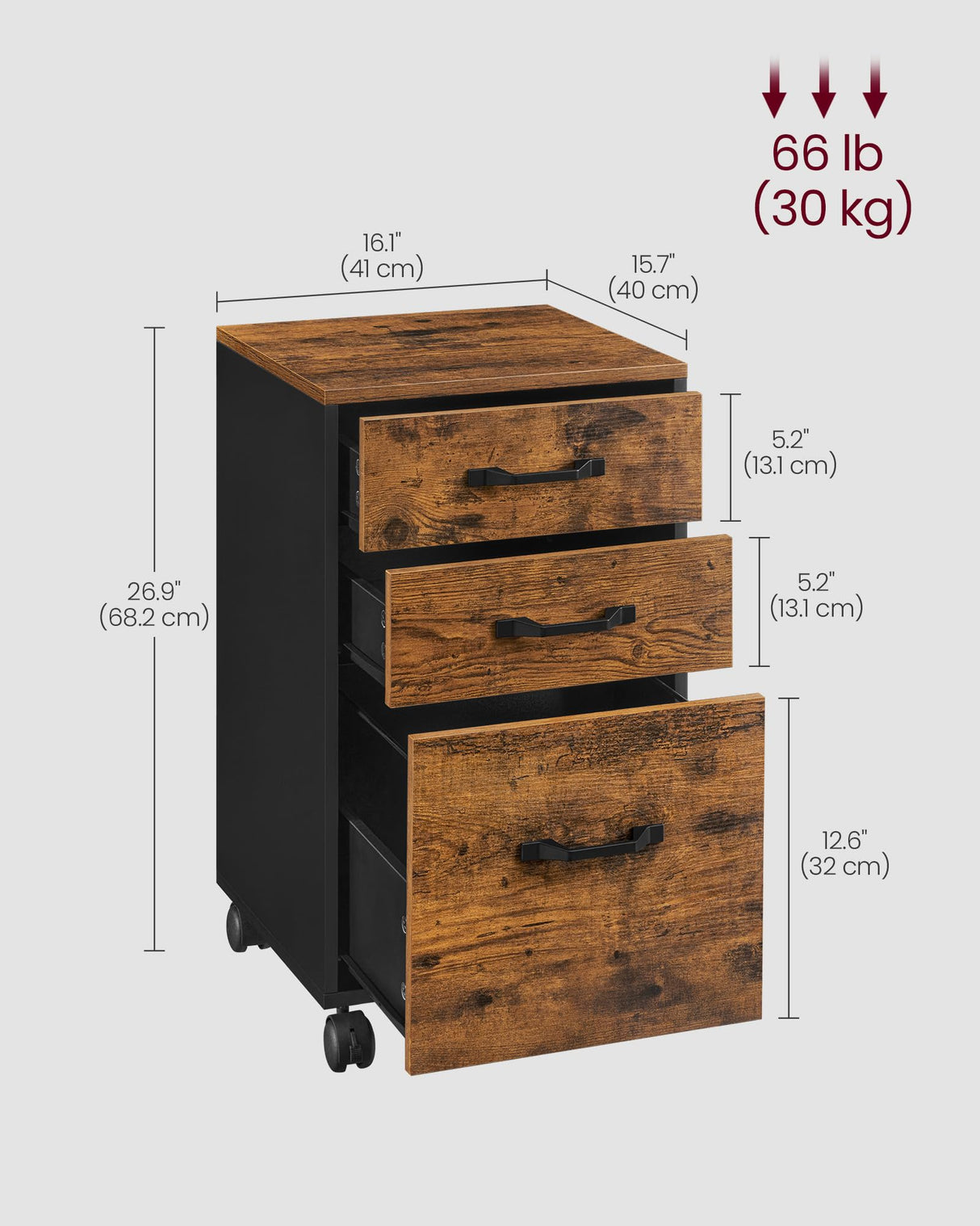 VASAGLE File Cabinet, 3 Drawers Filing Cabinet for Home Office, with Wheels, for A4, Letter Sized Documents, Hanging File Folders, Rustic Brown and Ink Black UOFC065B01 VASAGLE